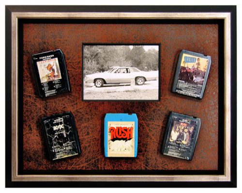 photo of a client's first car and 8 track collection shadowbox